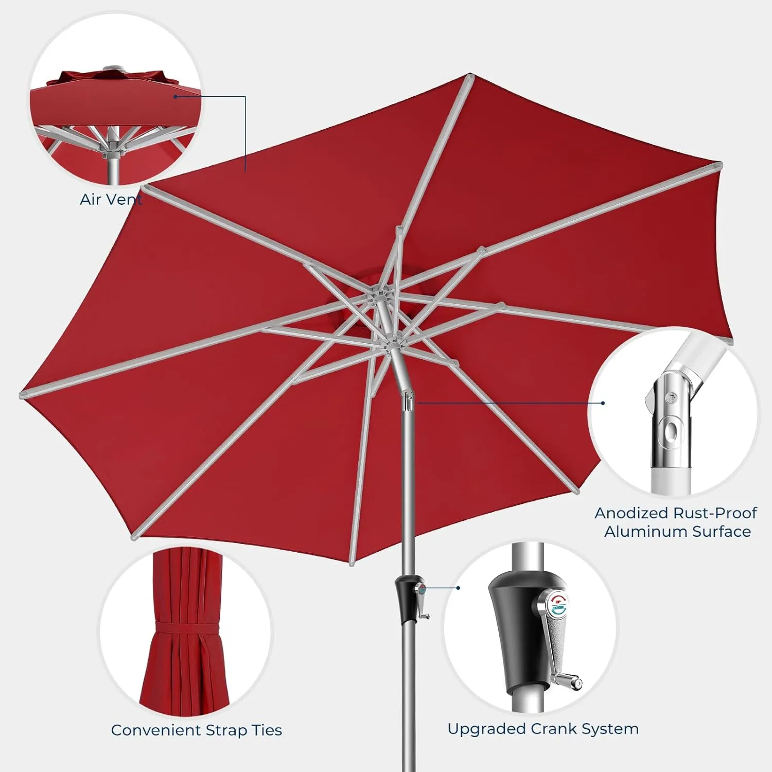 9ft Outdoor Patio Umbrella - Market Table Aluminum Umbrella, 5-Year Fade Resistant - UPF50  UV Protection with Push Button Tilt, Crank for Pool Deck and Garden (Burgundy Red)