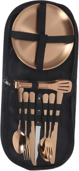 ABOOFAN Portable Dinner Tableware 6-piece Folding Silverware Stainless Steel Cutlery Case Camping Cutlery Set