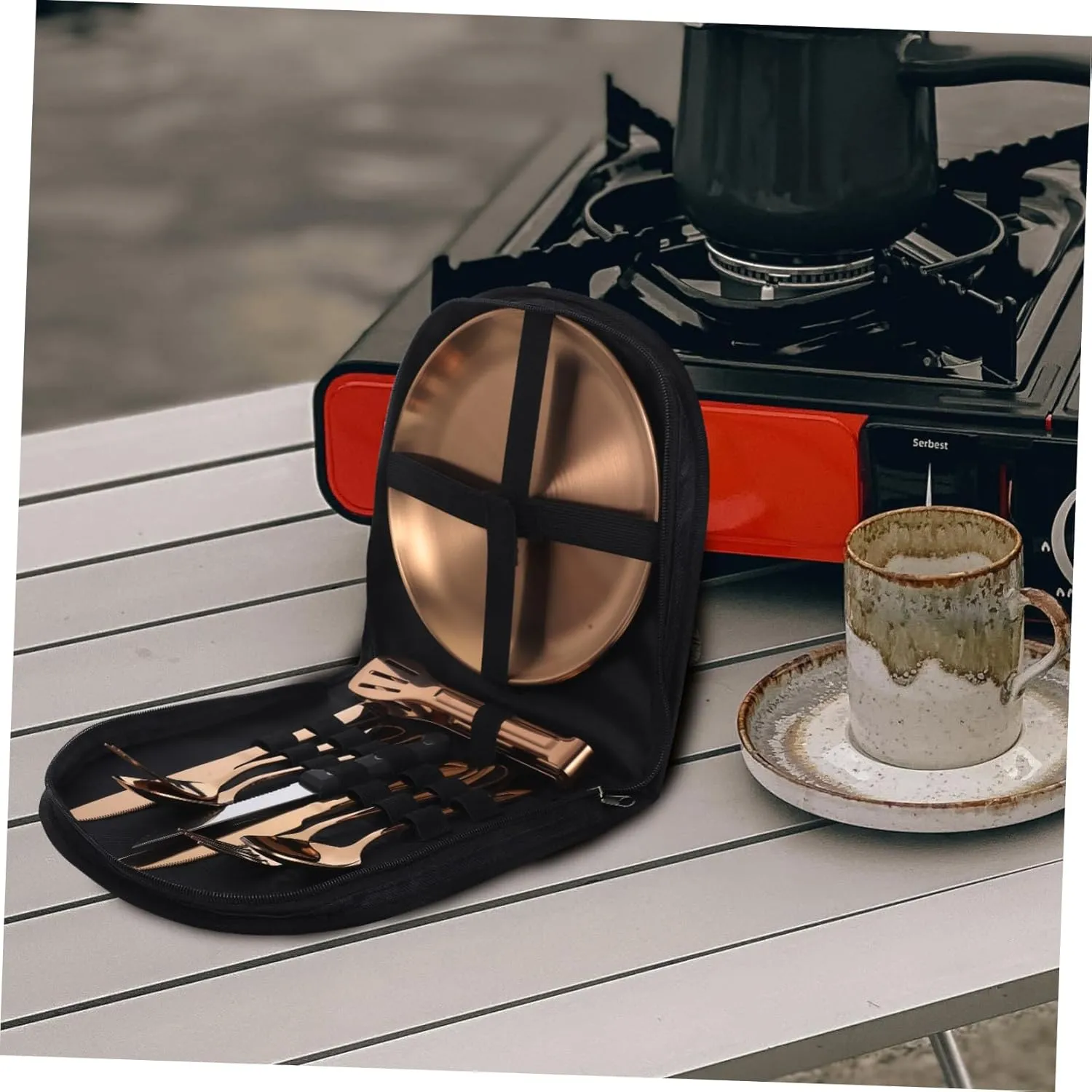 ABOOFAN Portable Dinner Tableware 6-piece Folding Silverware Stainless Steel Cutlery Case Camping Cutlery Set