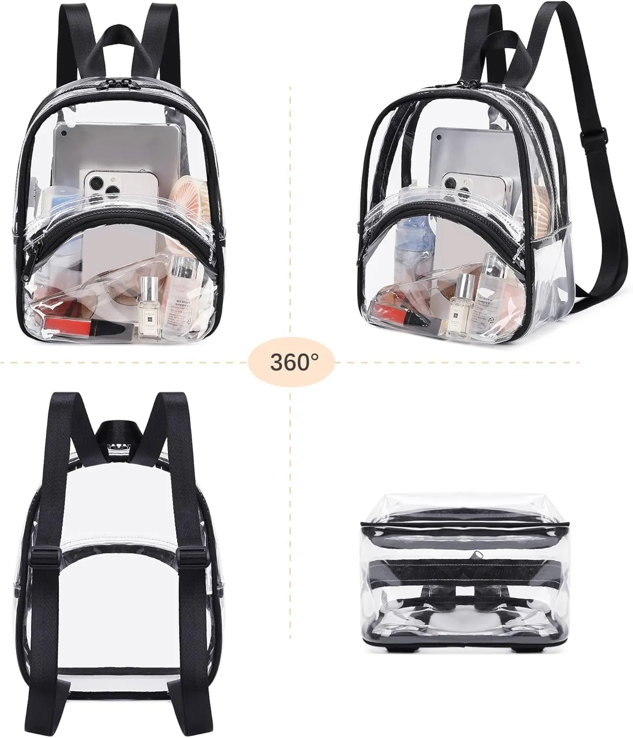 abshoo Clear Mini Backpack for Stadium Events Approved 12 x6 x12 Clear Bag Transparent Backpacks for Girls Women (Black)