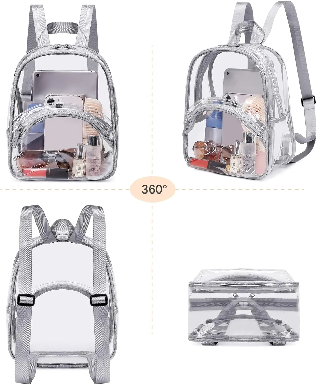 abshoo Clear Mini Backpack for Stadium Events Approved 12 x6 x12 Clear Bag Transparent Backpacks for Girls Women (Grey)
