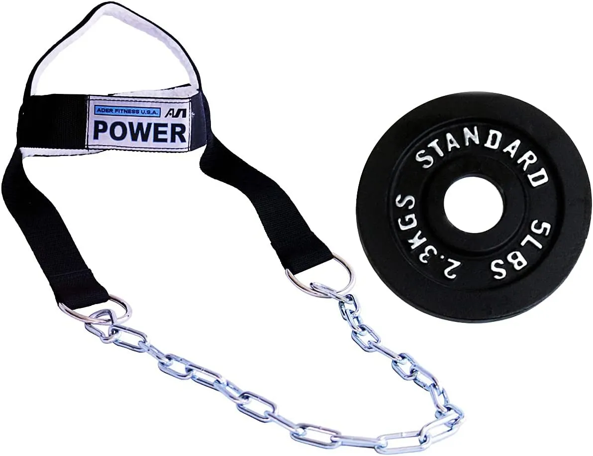 Ader Head Neck Harness Set w 2X 5lb Olympic Plates for Weight Training- Neck Exercise Equipment for Beginner Neck Workout- Adjustable Heavy Duty Padded Nylon Head Harness w/Chain and Double D Rings