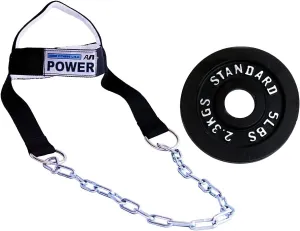Ader Head Neck Harness Set w 2X 5lb Olympic Plates for Weight Training- Neck Exercise Equipment for Beginner Neck Workout- Adjustable Heavy Duty Padded Nylon Head Harness w/Chain and Double D Rings