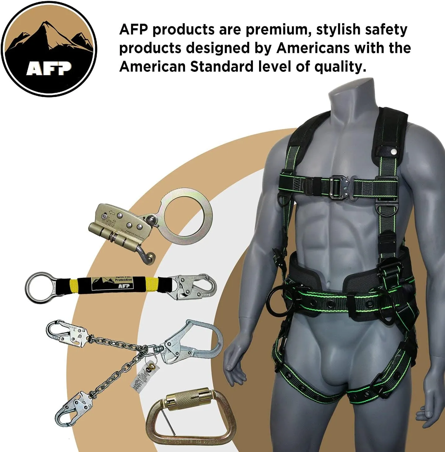 AFP Fall Protection Full-Body Premium Safety Harness, 8” Thick Support Belt, Aluminum D-Rings, Tongue Buckle (OSHA/ANSI PPE)