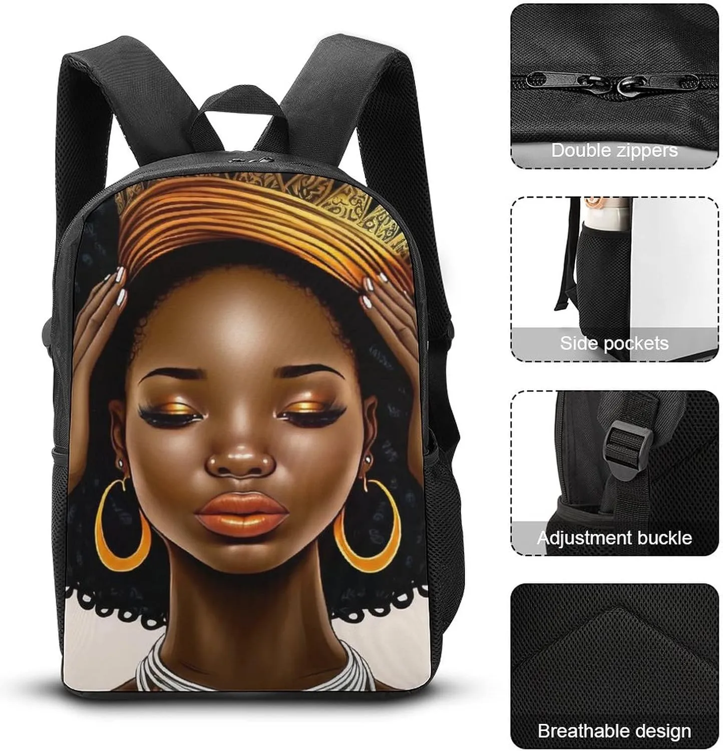 African Black Woman Backpack with Adjustable Straps, Suitable for Travel Picnics Activities