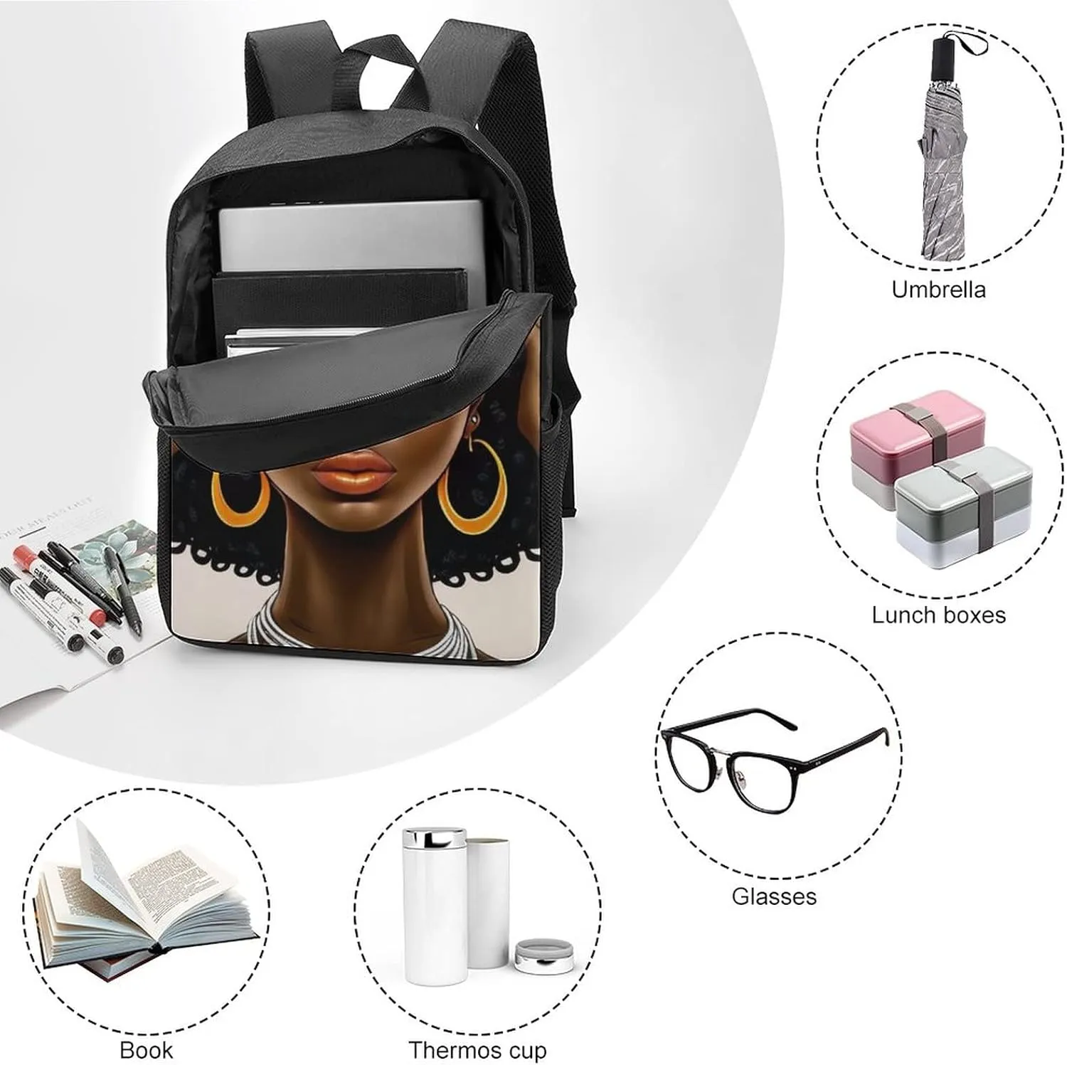 African Black Woman Backpack with Adjustable Straps, Suitable for Travel Picnics Activities