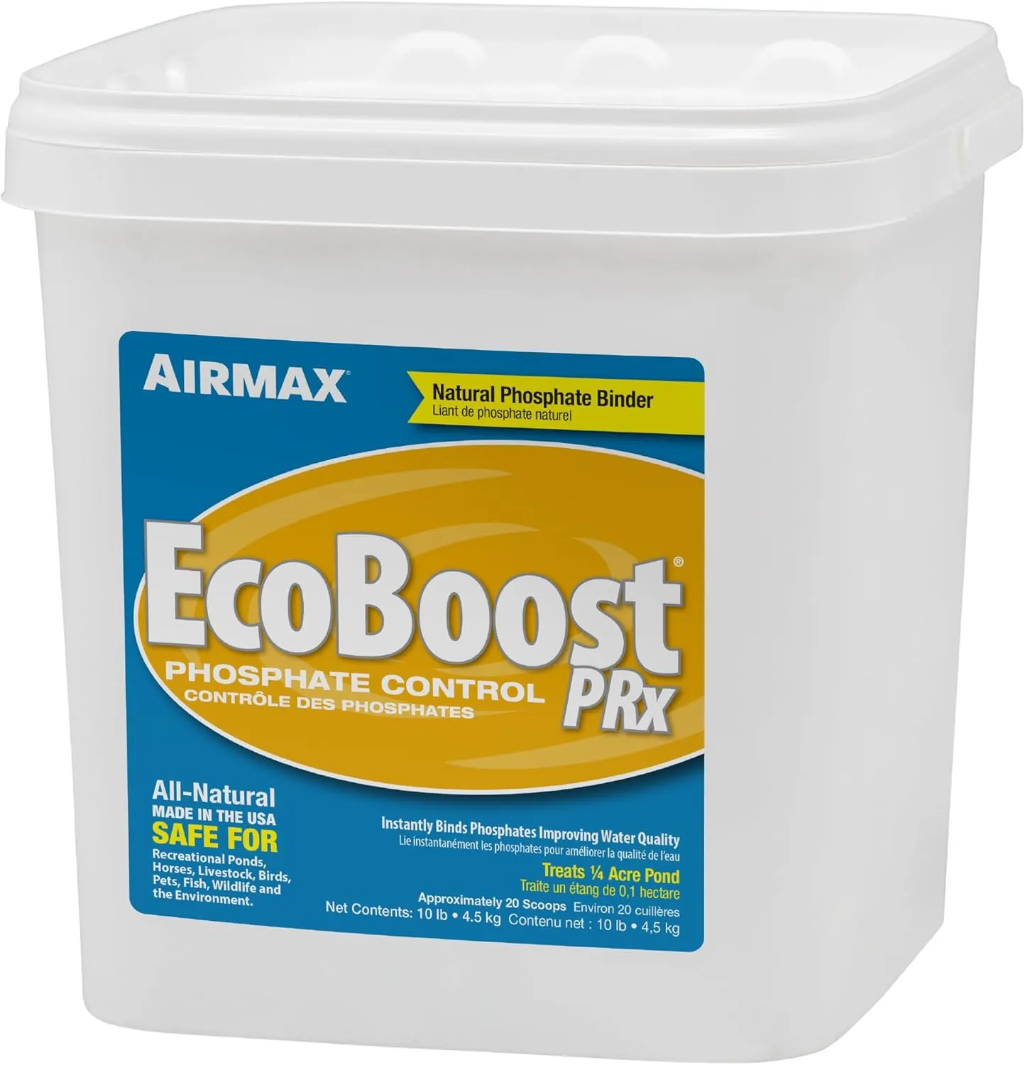 Airmax EcoBoost PRx Natural Pond Water Clariﬁer, Binds Excess Phosphates & Contaminants for Clear Water, Safe for Pets, Plants & Fish, Treats ¼ Acres, 4 Month Supply, 20 Scoops, 10 lb