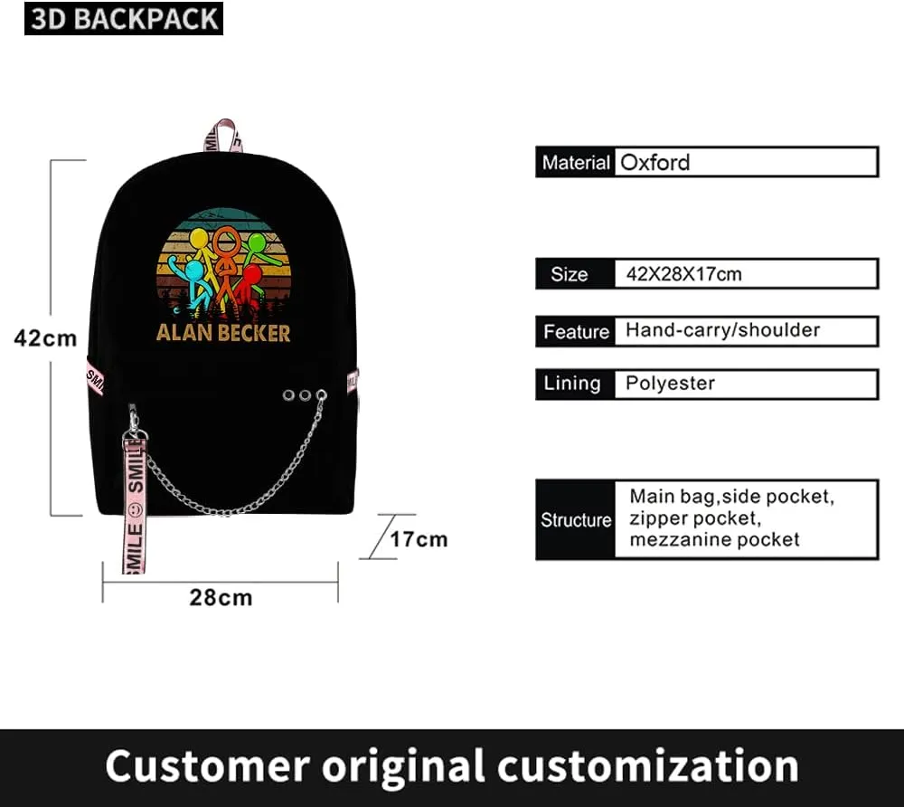 Alan Becker Backpack Merch Women Men Multipurpose Bag Three Piece Travel Backpack Casual Daypack (Black-Backpack)