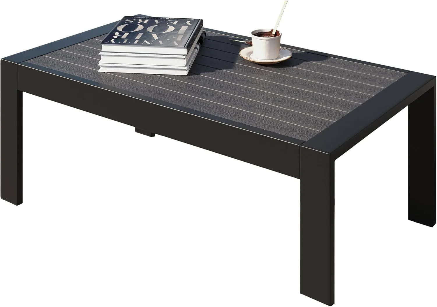 All-Weather Aluminum Outdoor Coffee Table, Modern Coffee Table for Outside, Rectangle Patio Coffee Table for Balcony Garden, Black