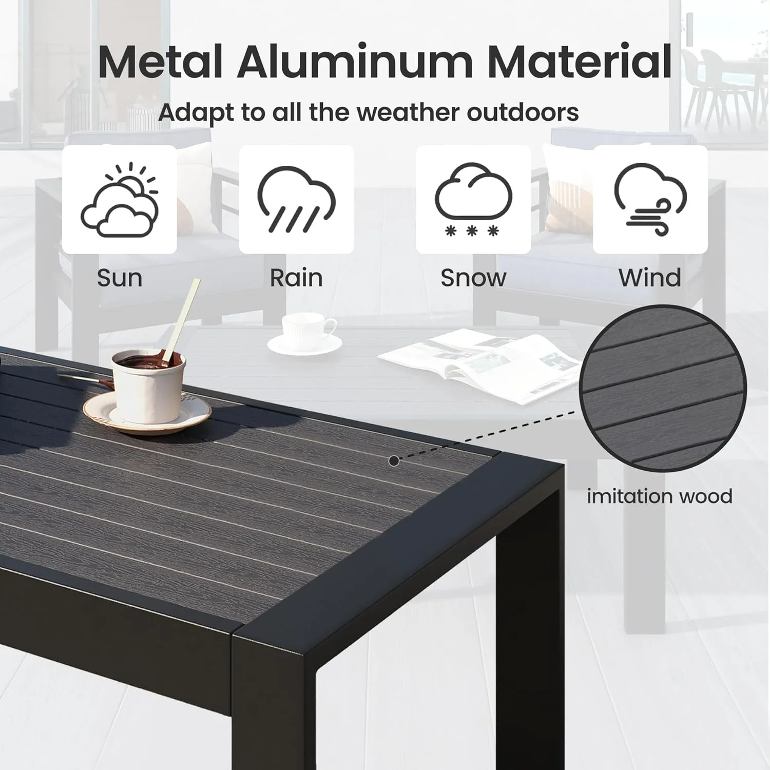 All-Weather Aluminum Outdoor Coffee Table, Modern Coffee Table for Outside, Rectangle Patio Coffee Table for Balcony Garden, Black