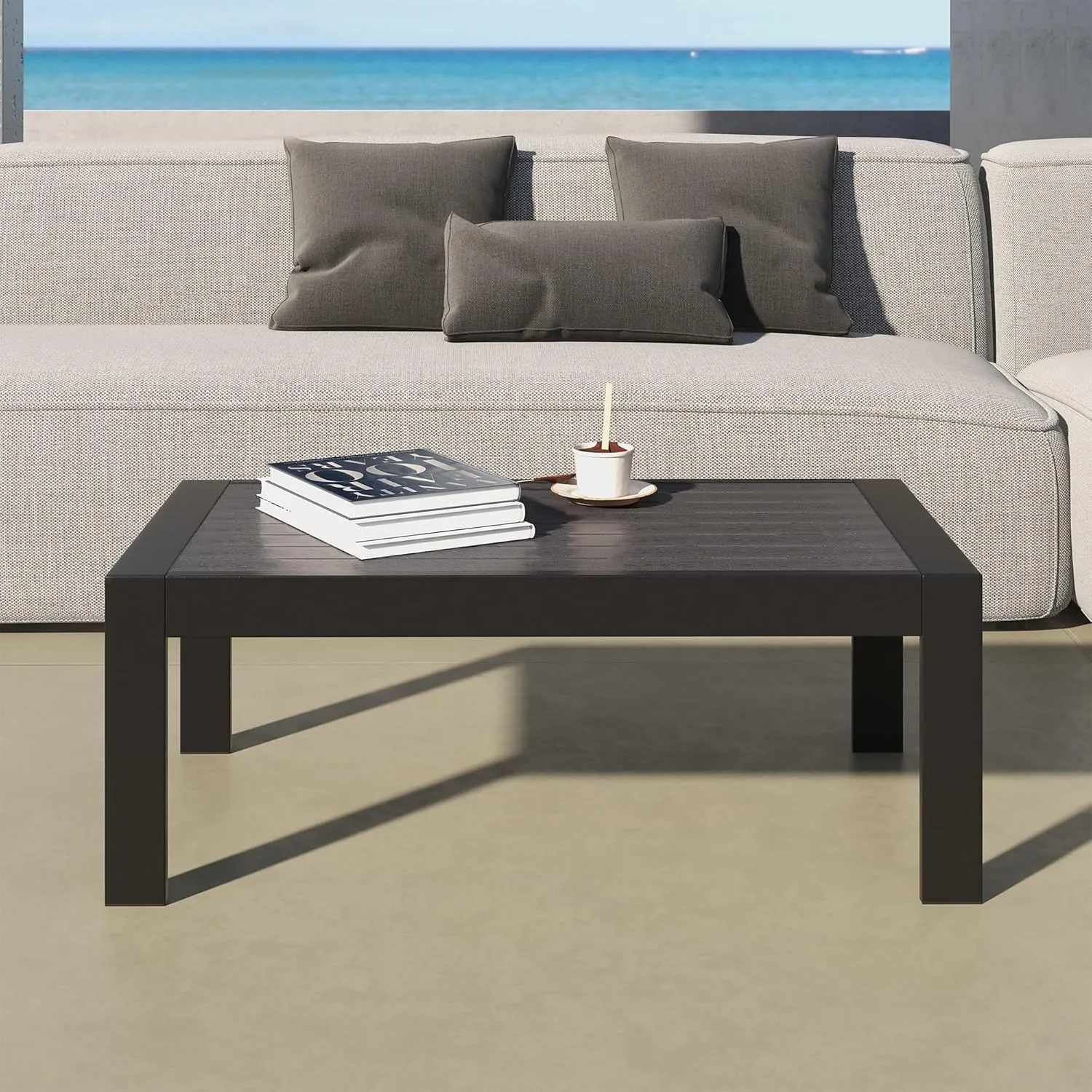 All-Weather Aluminum Outdoor Coffee Table, Modern Coffee Table for Outside, Rectangle Patio Coffee Table for Balcony Garden, Black
