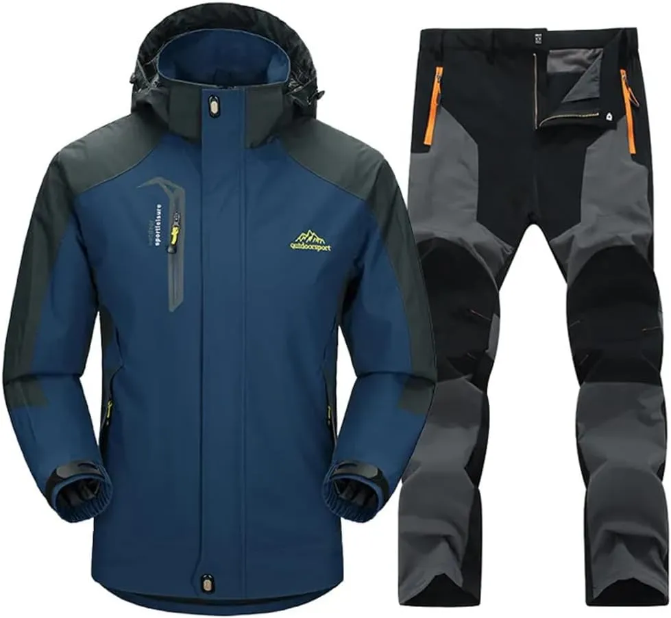 Alloaone Men Waterproof Hiking Jacket Suit Thin Fleece Jacket And Quick-Drying Pants Outdoor Trekking Camp Coat Set