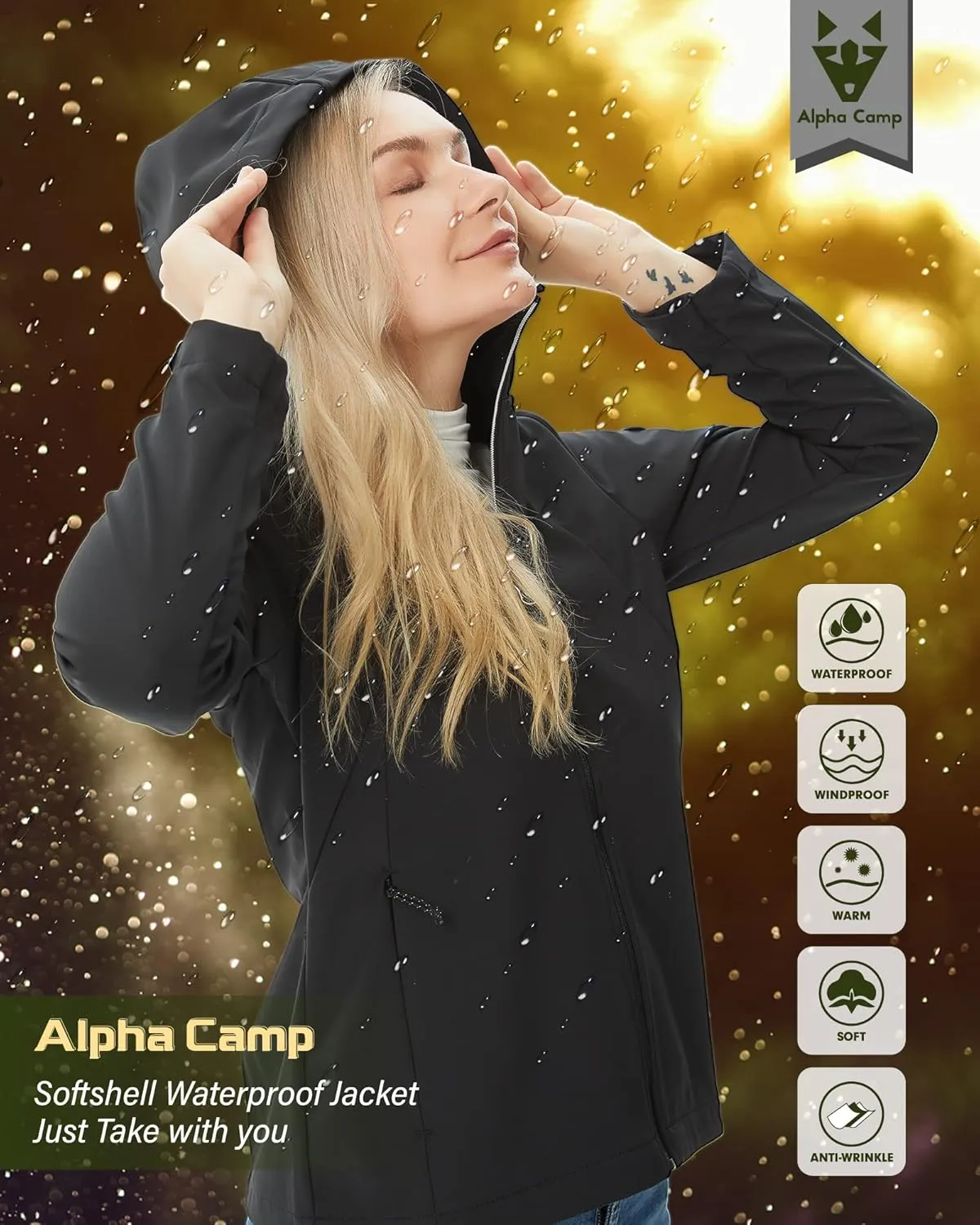 ALPHA CAMP Women's Softshell Waterproof Jacket with Hood Lightweight Breathable Warm Coat