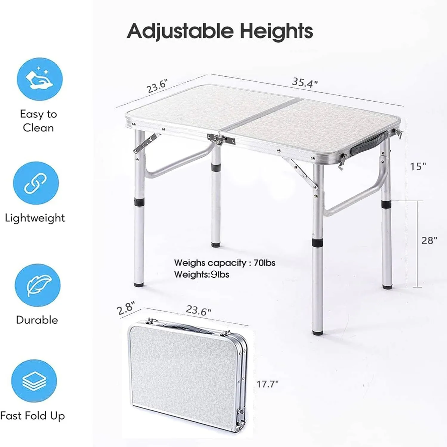 Aluminum Camp Table, Folding Table Portable,Lightweight,Foldable with 2 Adjustable Height, Indoor Outdoor Table for Cooking, Picnic, 2 Heights, 36''L x24''W