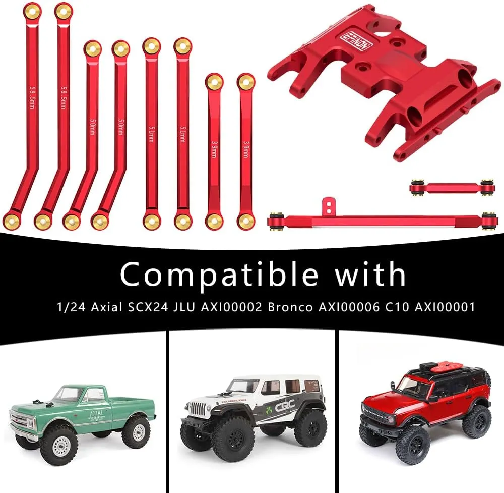 Aluminum High Clearance Chassis Links and Steering Links and Skid Plate Set for 1/24 Axial SCX24 JLU Bronco C10 Base Camp Upgrade Parts (Red)