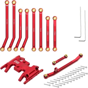 Aluminum High Clearance Chassis Links and Steering Links and Skid Plate Set for 1/24 Axial SCX24 JLU Bronco C10 Base Camp Upgrade Parts (Red)