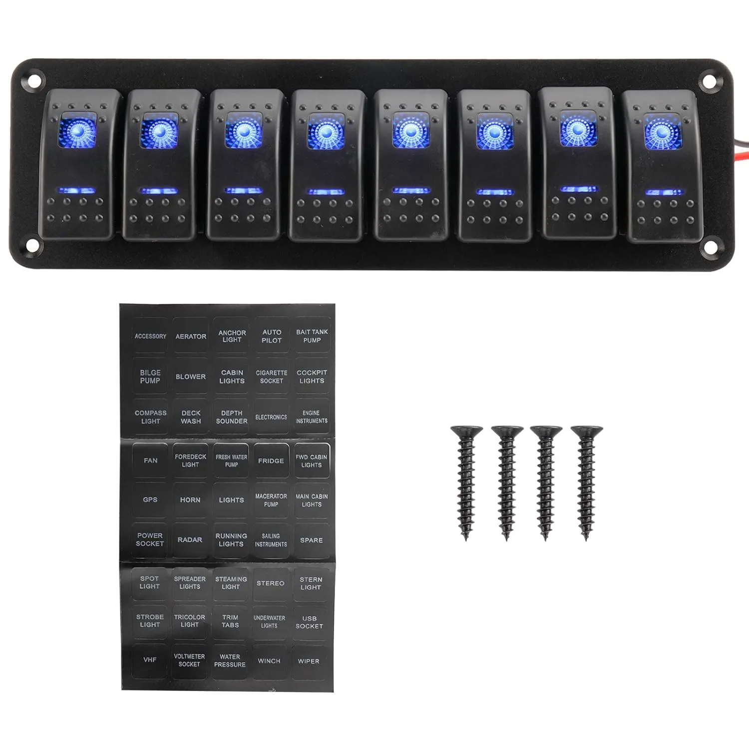 Amarine Made 12-24V Boat Switch Panel Illuminated Rocker Switch Aluminum Pre-wired Panel 2,3,4,5,6,8 Gang Toggle Switches Dash 5 Pin ON/Off 2 LED Backlit for Bus Boat Car Marine Blue LED IP65 (8 Gang)
