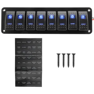 Amarine Made 12-24V Boat Switch Panel Illuminated Rocker Switch Aluminum Pre-wired Panel 2,3,4,5,6,8 Gang Toggle Switches Dash 5 Pin ON/Off 2 LED Backlit for Bus Boat Car Marine Blue LED IP65 (8 Gang)