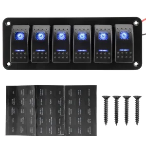 Amarine Made 12-24V Boat Switch Panel Illuminated Rocker Switch Aluminum Pre-Wired Panel 6 Gang Toggle Switches Dash 5 Pin ON/Off 2 LED Backlit for Bus Boat Car Marine Blue LED IP65 (6 Gang)