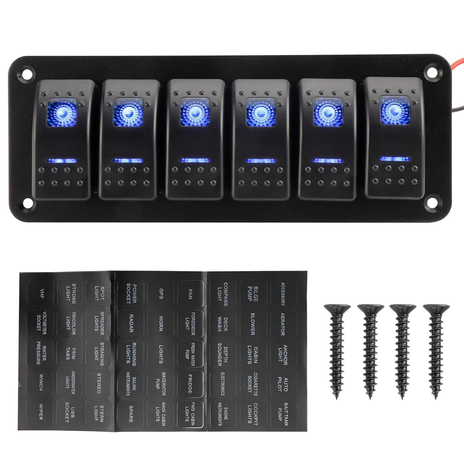 Amarine Made 12-24V Boat Switch Panel Illuminated Rocker Switch Aluminum Pre-Wired Panel 6 Gang Toggle Switches Dash 5 Pin ON/Off 2 LED Backlit for Bus Boat Car Marine Blue LED IP65 (6 Gang)