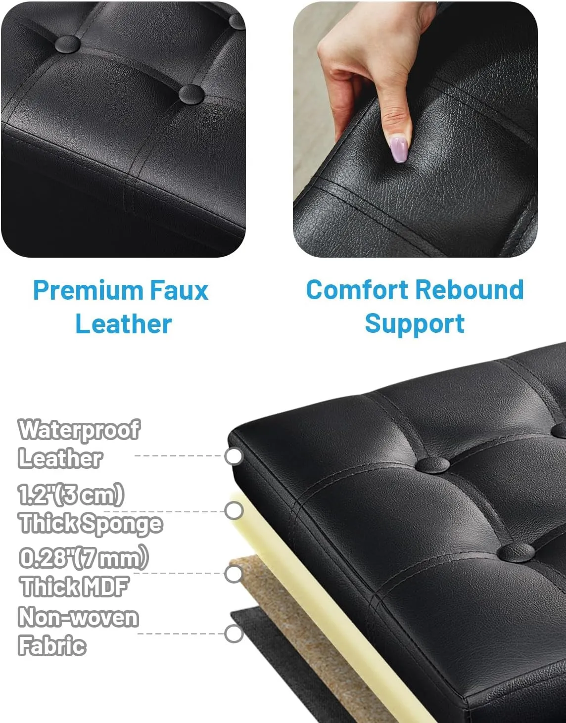 AmasSmile Storage Ottoman Folding Foot Rest Stool, Leather Footstool Bench, Short Ottoman Stool, Storage Foot Rest Store, Books (Black, 13" D x 17" W x 13" H)