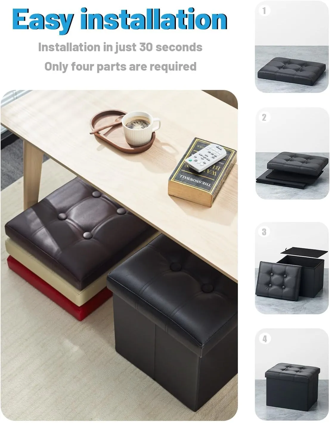 AmasSmile Storage Ottoman Folding Foot Rest Stool, Leather Footstool Bench, Short Ottoman Stool, Storage Foot Rest Store, Books (Black, 13" D x 17" W x 13" H)