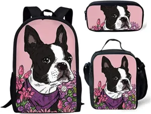 Amzbeauty School Backpack Set Lunch Bags Pencil Case Cute Boston Terrier Print Bookbags 3 Pcs Set for for Kids/Girls
