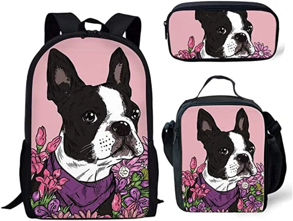 Amzbeauty School Backpack Set Lunch Bags Pencil Case Cute Boston Terrier Print Bookbags 3 Pcs Set for for Kids/Girls
