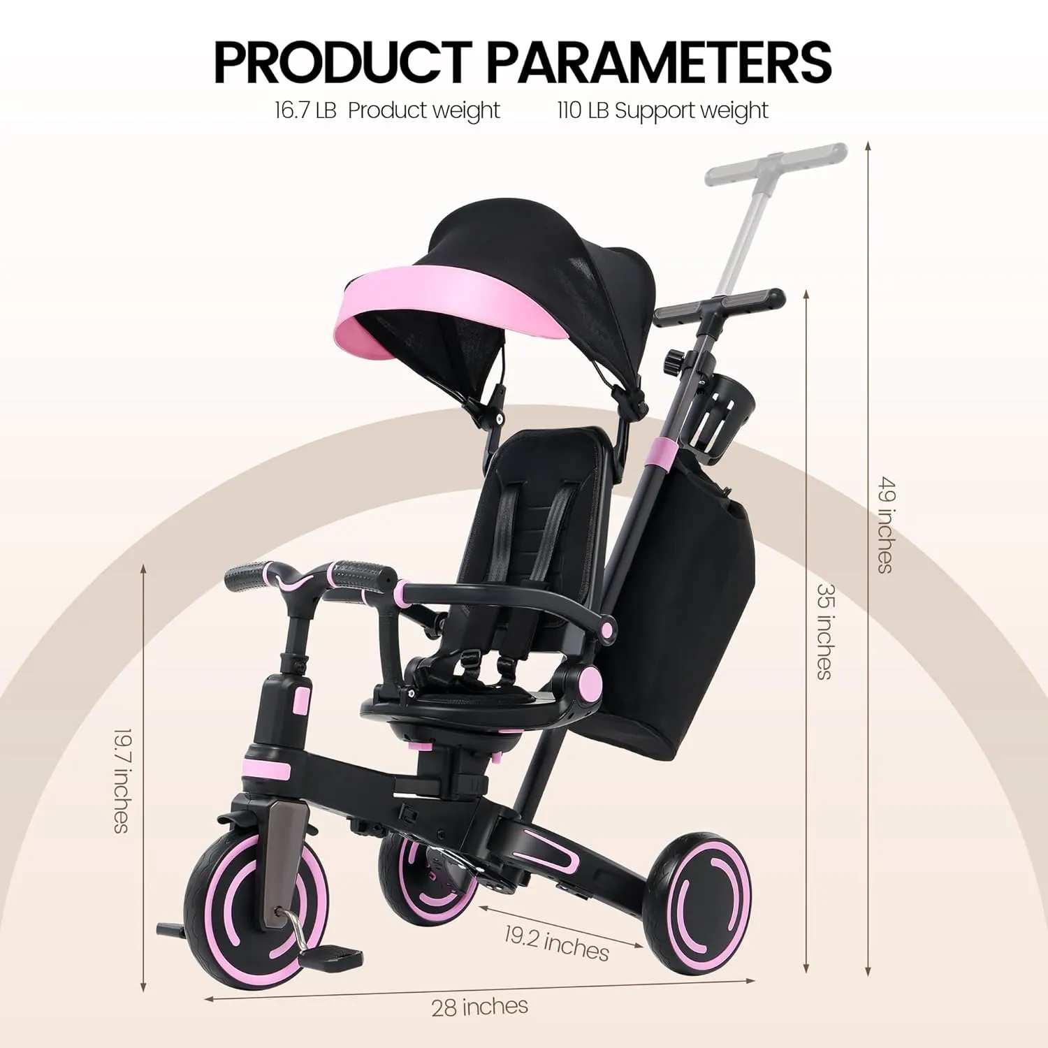 Aneco 9-in-1 Multi-functional Baby Tricycle for Toddlers 10 Months-3 Years with Removable Canopy Rotatable Seat Safety Harness Wheel Brake Adjustable Push Handle Storage Bag Cup Holder, Black and Pink