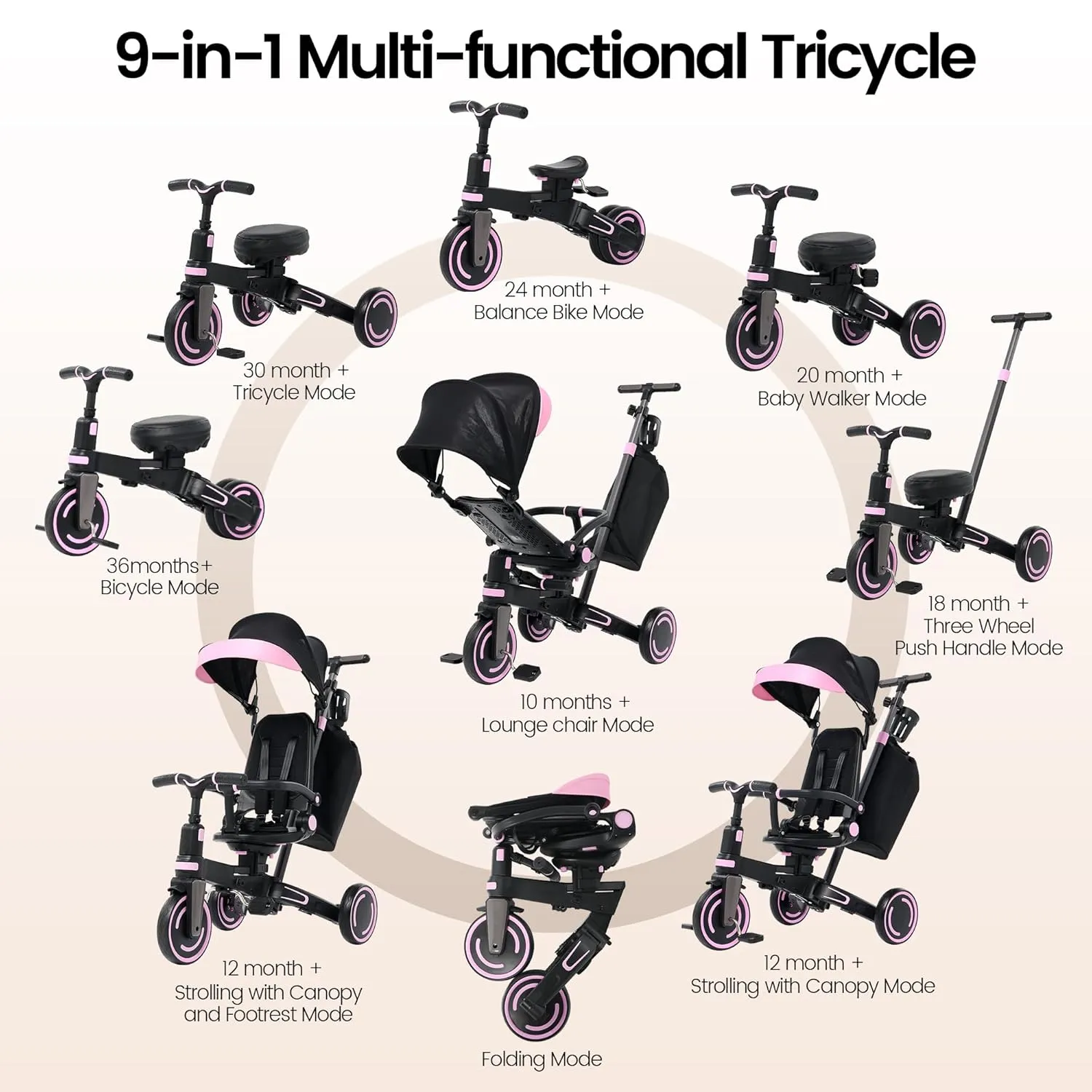 Aneco 9-in-1 Multi-functional Baby Tricycle for Toddlers 10 Months-3 Years with Removable Canopy Rotatable Seat Safety Harness Wheel Brake Adjustable Push Handle Storage Bag Cup Holder, Black and Pink