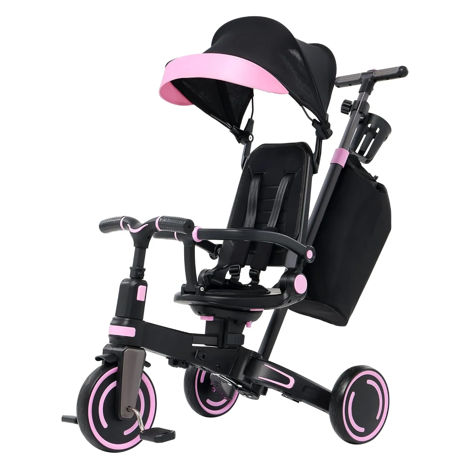 Aneco 9-in-1 Multi-functional Baby Tricycle for Toddlers 10 Months-3 Years with Removable Canopy Rotatable Seat Safety Harness Wheel Brake Adjustable Push Handle Storage Bag Cup Holder, Black and Pink