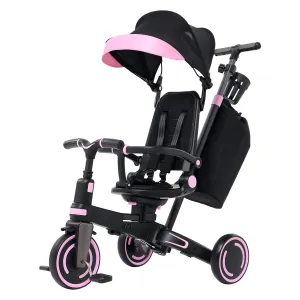 Aneco 9-in-1 Multi-functional Baby Tricycle for Toddlers 10 Months-3 Years with Removable Canopy Rotatable Seat Safety Harness Wheel Brake Adjustable Push Handle Storage Bag Cup Holder, Black and Pink