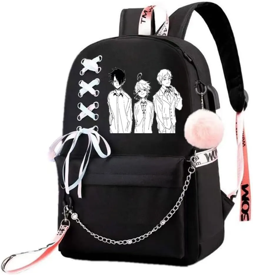 Anime The Promised Neverland Emma Ray Norman Backpack Cosplay Kawaii Ribbon Bag (7)
