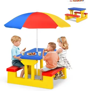 ARMILE Kids Picnic Table, Kids indoor & Outdoor Table and Bench set with Removable & Foldable Umbrella, Portable Toddler Plastic Picnic Table for Patio, Backyard, Ideal Gift for Boys Girls (Colorful)