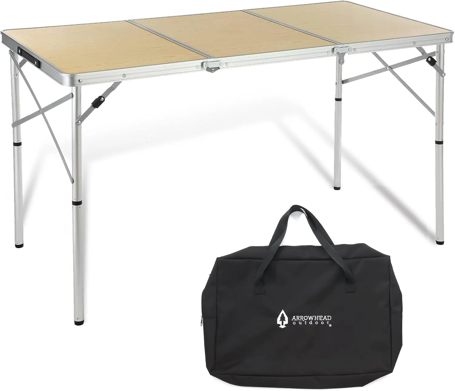 ARROWHEAD OUTDOOR 4’ ft Heavy-Duty Portable Aluminum Frame Folding Table w/Leveling Feet, Solid Tabletop Surface, 2 Adjustable Heights, Carrying Case Included, Lightweight, USA-Based Support