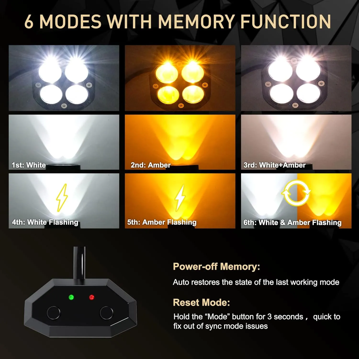 ASLONG 2PCS 3 Inch Spot LED White/Amber Flasing Strobe Pods Six Modes Square Cube Fog Lights Bumper Work Lights Switch Wiring Harness