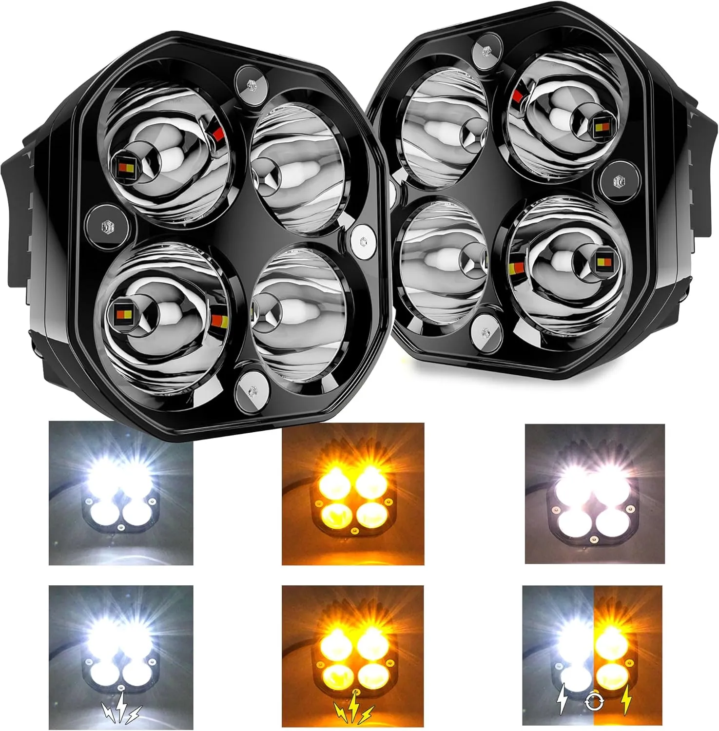 ASLONG 2PCS 3 Inch Spot LED White/Amber Flasing Strobe Pods Six Modes Square Cube Fog Lights Bumper Work Lights Switch Wiring Harness