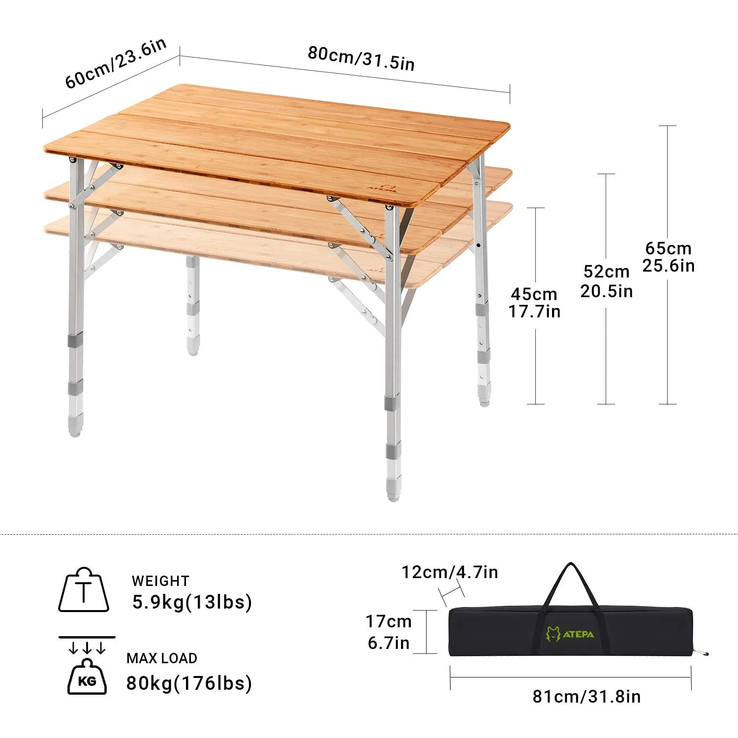 ATEPA BAMBOO Small Bamboo Table 4-Folded