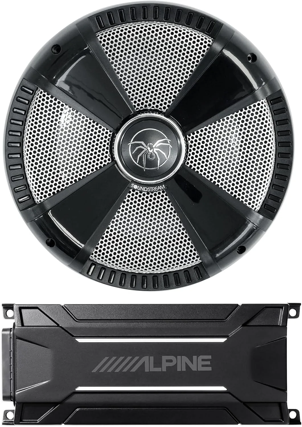 Audiosavings Bundle: (1) SoundStream MSW.104 10" 600 Watt Marine/Boat/UTV Subwoofer DVC Sub Bundle with (1) Alpine KTA-30MW 600 Watt Mono Amplifier Class-D Amp for Polaris RZR/ATV/UTV/Cart (Items 2)