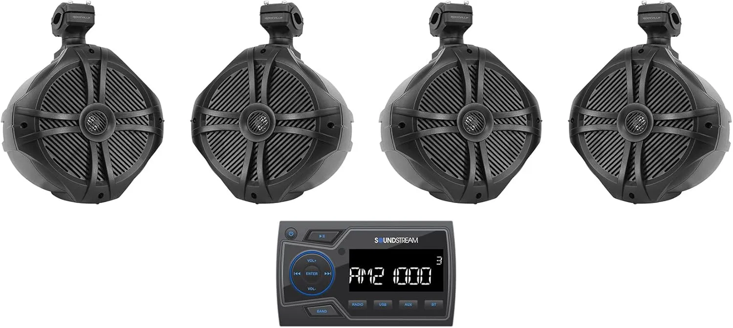 Audiosavings Bundle: Soundstream MHU-32 Marine ATV/UTV Digital Media Receiver Bluetooth/AUX/USB Bundle with (2) Pair Rockville RWB90B 8" 300w Marine Wakeboard 360 Swivel Tower Speakers (3 Items)