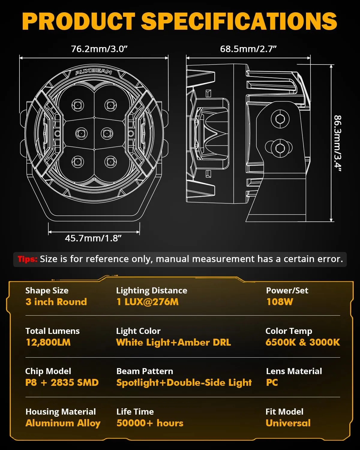 Auxbeam 3 Inch Round Driving Lights, 108W Side Shooter Offroad Pod Lights with Amber DRL, 270° Ultra-Wide Ditch Light Hyper Spot Beam Work 3 Modes White Amber Yellow Cube Pod with Covers, Pair