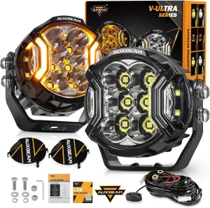 Auxbeam 3 Inch Round Driving Lights, 108W Side Shooter Offroad Pod Lights with Amber DRL, 270° Ultra-Wide Ditch Light Hyper Spot Beam Work 3 Modes White Amber Yellow Cube Pod with Covers, Pair