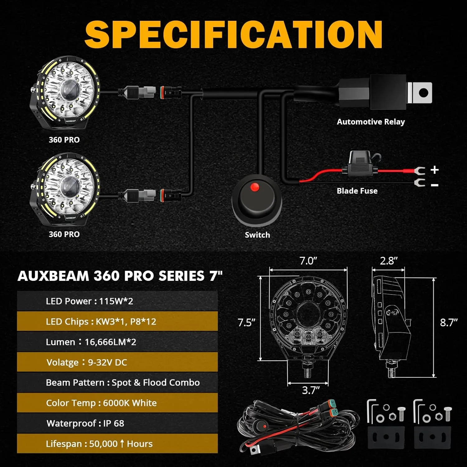 Auxbeam 360-PRO Series 7 Inch Round Offroad Lights, 230W 33332LM Driving Lights Projector Spotlight, Spot Flood Combo LED Light Bar Pods