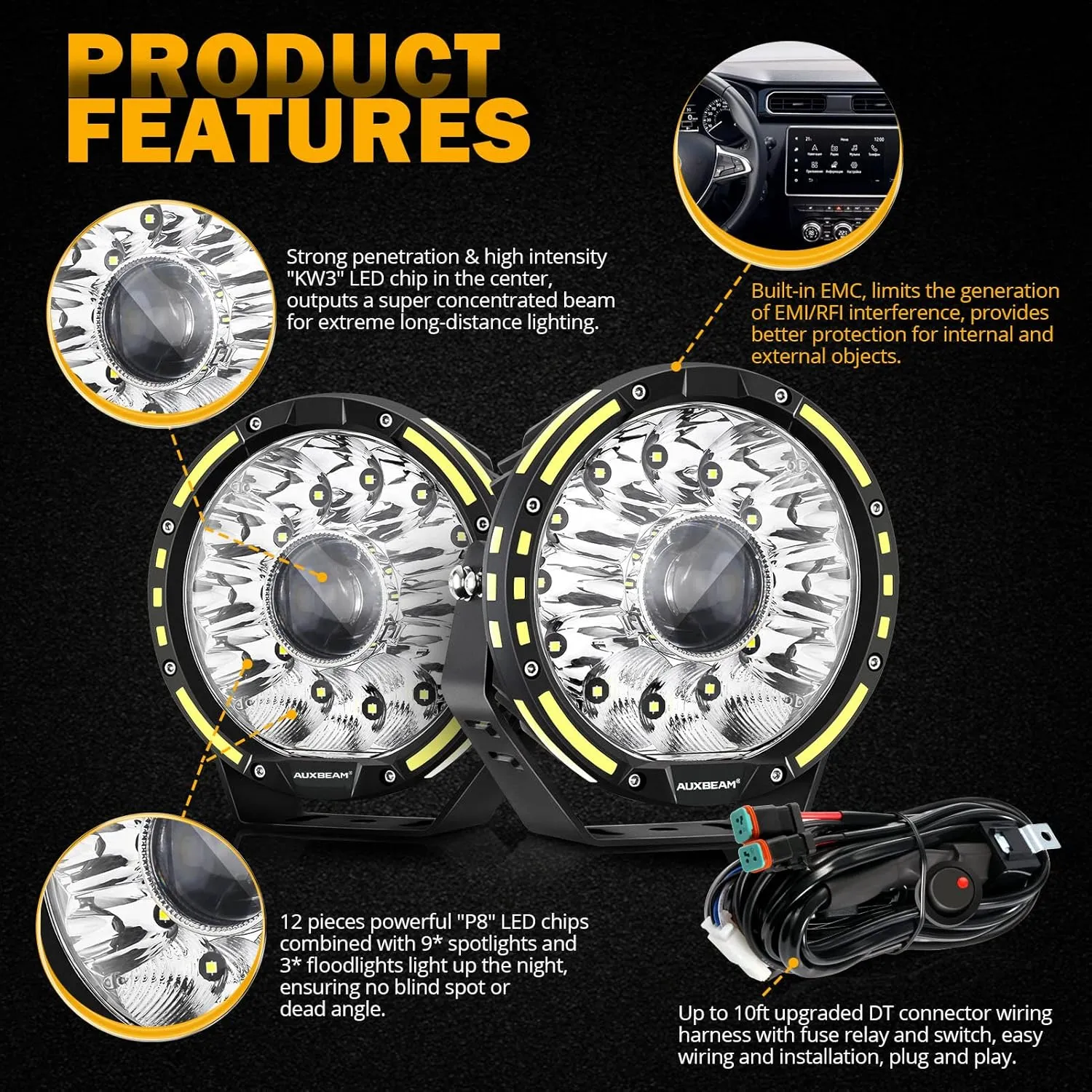 Auxbeam 360-PRO Series 7 Inch Round Offroad Lights, 230W 33332LM Driving Lights Projector Spotlight, Spot Flood Combo LED Light Bar Pods