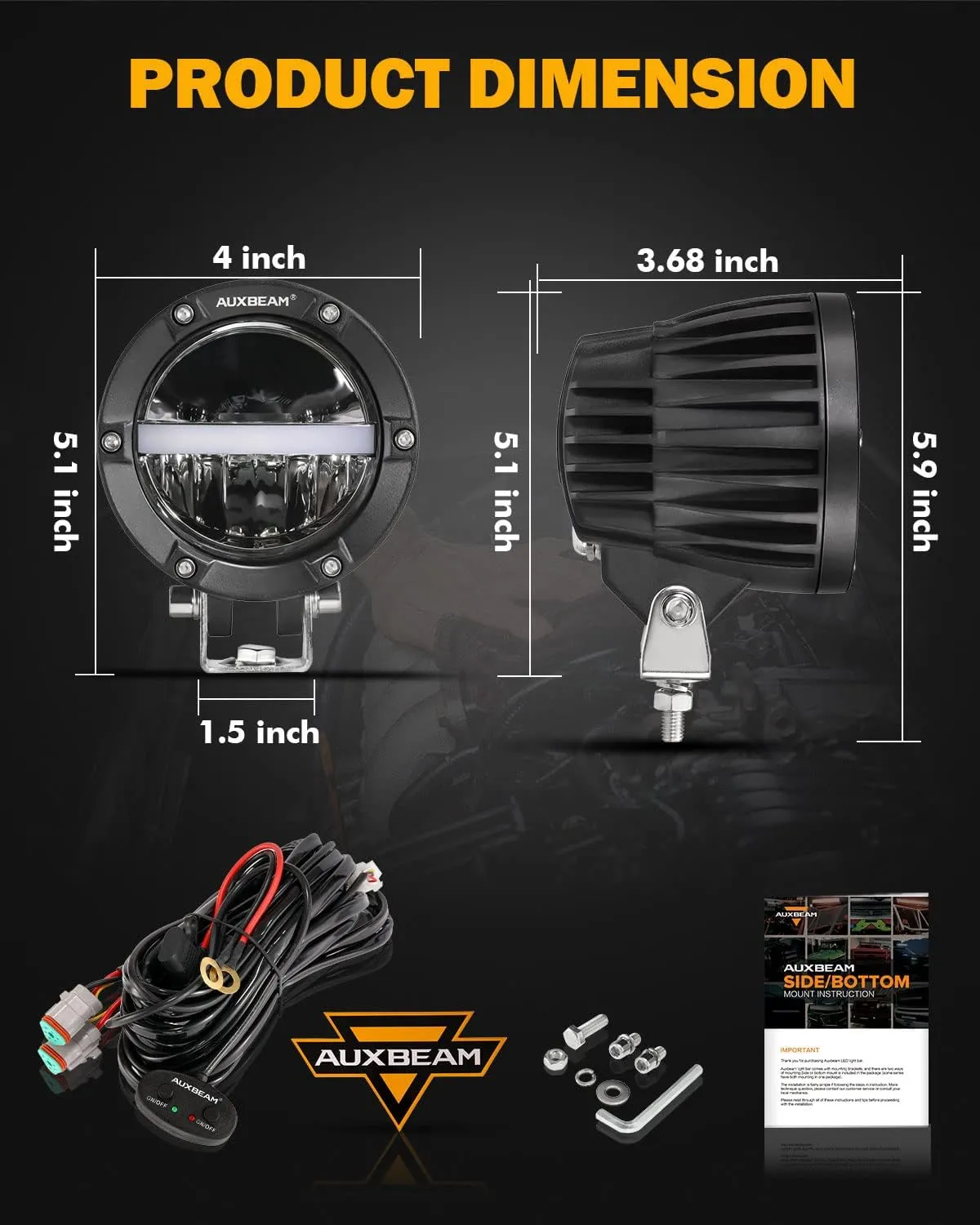 Auxbeam 4 Inch 110W Round Offroad Lights, Amber DRL Design 11000LM LED Light Pods, Super Bright 7035 SMD LED Work Driving Fog Light with DT Wiring Harness Kit for Truck Jeep Pickup SUV ATV UTV, 2 PCS