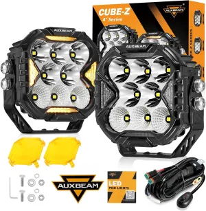 Auxbeam 4 Inch LED Driving Light, CUBE-Z Series 112W Cube Spot Flood Combo Beam with Amber Covers, 150° Ultra-Wide Offroad Pod Light 12800LM Hyper Bright with White DRL&Amber Turn Signal Light, Pair