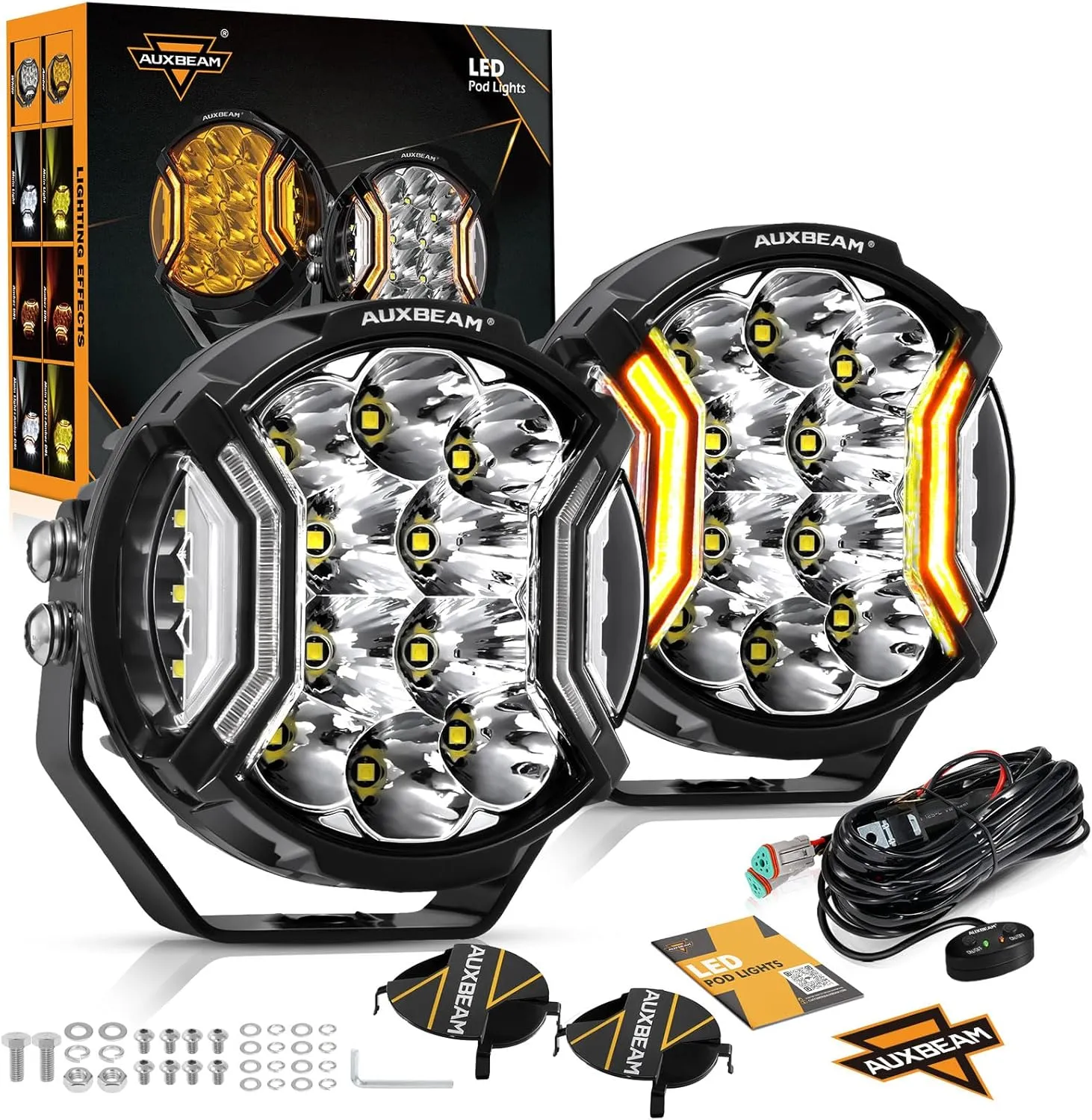 Auxbeam 5In V-Ultra Series 172W LED Light Pods, Offroad Round Driving Light with Amber DRL, 270° Wide Range Super Bright Side Shooter White Hyper Spot Beam Universal Lights with Black Cover-2PCS