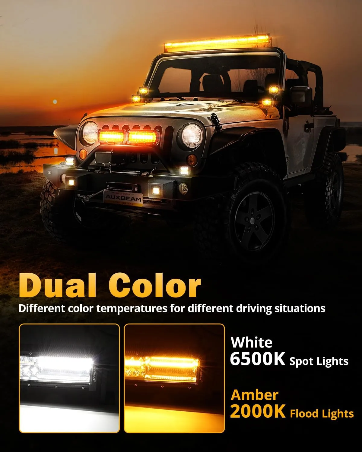 Auxbeam 6 Modes Amber White Series, 42 Inch 240W Curved LED Light Bar, Strobe Warning Flashing Dual Color Fog Light, Spot Flood Combo Off-Road Auxiliary Lighting, for Pickup Truck 4WD Jeep