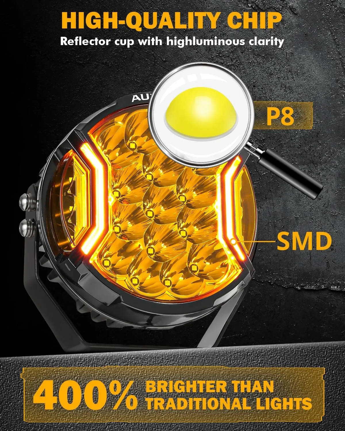 Auxbeam 7 Inch LED Side Shooter Light, V-ULTRA Series Round Driving Offroad Lights 226W Hyper Spotlights with Amber DRL, 270° Wide Range Universal Amber Yellow Lights with Black Cover, Pair