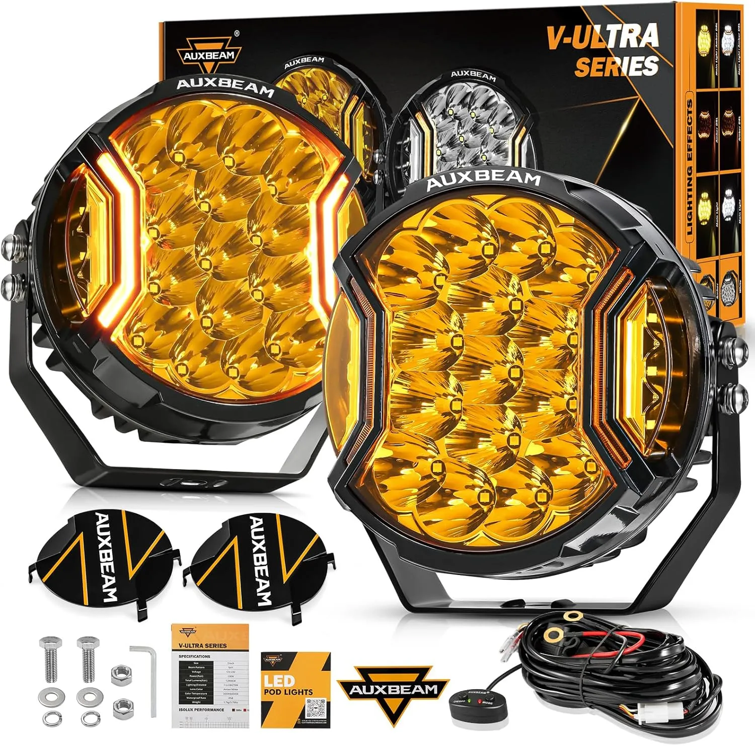 Auxbeam 7 Inch LED Side Shooter Light, V-ULTRA Series Round Driving Offroad Lights 226W Hyper Spotlights with Amber DRL, 270° Wide Range Universal Amber Yellow Lights with Black Cover, Pair